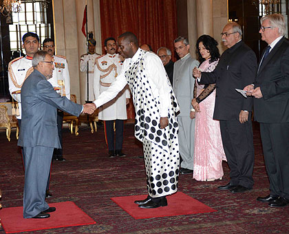 President Shri. Pranab Mukherje welcomes Rwamucyo as Rwandau2019s High Commissioner to India yesterday.    The New Times/ Courtesy Photo. 