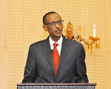 President Kagame speaks during the  48th Annual Meeting of the African Development Bank (AfDB) in Morocco yesterday. The New Times/  Village Urugwiro. 