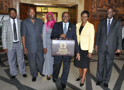 Bageine (3R) is accompanied by (L-R) Jean Claude Nsengiyumva, (EAC Deputy Secretary General), Dr Abdallah Sadala Abdallah, (Tanzaniau2019s Dep. Minister, EAC Co-operation), Leontine Nzeyimana (Burundiu2019s Minister for EAC),  Monique Mukaruliza (Minister for EAC, Rwanda) and the EAC Secretary General, Amb Richard Sezibera to the budget reading on Thursday. Saturday Times/Courtesy.