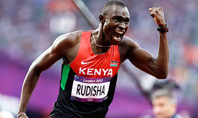 Kenya's David Rudisha celebrates winning the 800m and breaking the world record at the 2012 Olympics in London. Net photo.