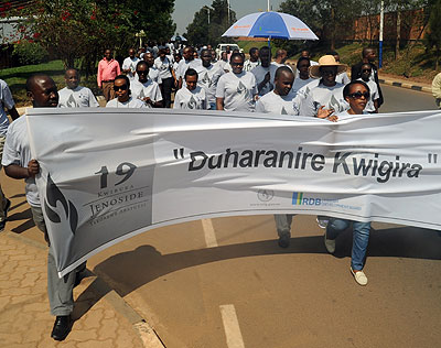 RDB staff walk to Kigali Genocide Memorial Centre on Thursday.   Saturday Times / John Mbanda. 