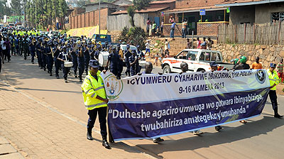 Police officers  during the  launch of Police week activities yesterday. The New Times/John Mbanda. 