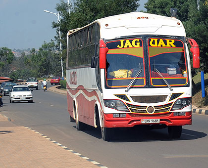 A Jaguar bus en route from Kampala last week. Highway robbers target such buses because they carry many passengers. The New Times/John Mbanda