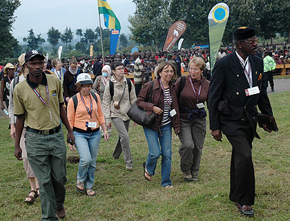 Guests arrive for a past Kwita Izina gorilla naming ceremony in Kinigi. The New Times/ File.