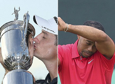 Justin Rose kisses the US Open Trophy. Tiger Woods had a bad day at the office as he ran double digits over par. Net photo.