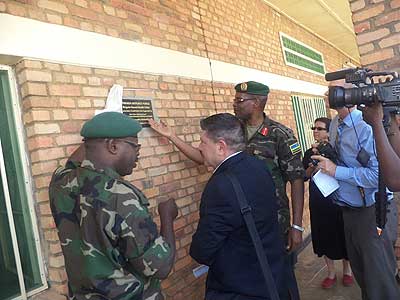 Dr Karenzi (L), Dr Grillo and Col. Andrew Habyarimana, the 503 Brigade Commander, launch the clinic in Gacumbi last week. The New Times/ Thu00e9ogu00e8ne Ishimwe.