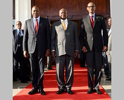 Presidents Kenyatta, Museveni and Kagame after yesterdayu2019s meeting in Kampala. The three Heads of State also agreed to build a joint oil pipeline and refinery.   The New Times/ Village Urugwiro.