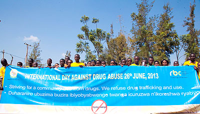 Youths match in Nyamirambo during the international day against drug abuse on Monday.  The New Times/ Timothy Kisambira.