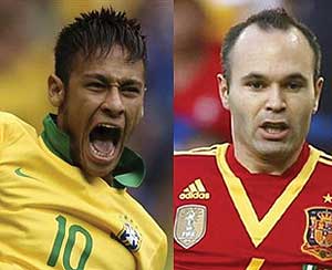 Neymar of Brazil and Andres Iniesta of Spain. Net photo.