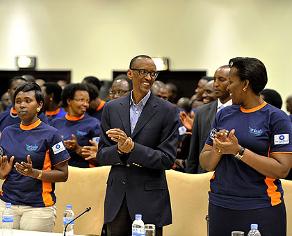 President Kagame and First Lady Jeannette (R) at the Youth Connekt Dialogue at Serena Hotel yesterday. The President told the youth to use the knowledge they acquire from school to build, not to destroy the nation. The New Times/ Village Urugwiro.