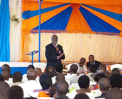 Senator Rutaremara addresses residents of Beninka Village during an the 19th Liberation celebrations yesterday. The New Times/ Timothy Kisambira.