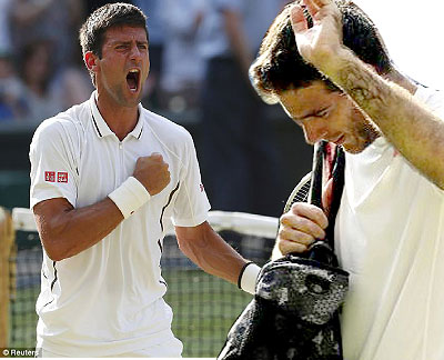 Del Potro (R) receives a standing ovation as he walks off court and (L), The world No 1 was bidding to reach his second Wimbledon final.  Net photo.