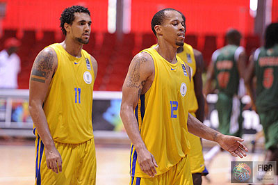 Kenny Gasana (right) and Cameron Bradley (left) going into half time against Burkina Faso. Gasana is the tournament's top scorer going into the last four games. Times Sport/ Courtesy.