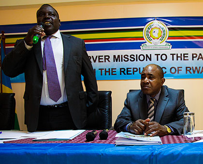 Musa Sirma (L) and Charles Njoroge at the news briefing yesterday.  The New Times/ Timothy Kisambira. 