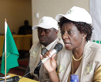 AU observersu2019 chief Justice Makara address the media on the elections in Kigali yesterday. The New Times/John Mbanda