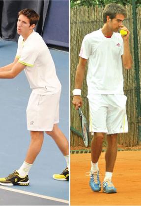 Top seeds Austrian Gerard melzer (right) and Yannick Mertens of Belgium (left) faceoff in the first semi-final at Umubano hotel courts. Times Sport/ Plaisir Muzogeye.