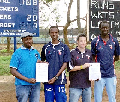 Cricket without Borders ambassador with Lee and  Rwanda Cricket Association boss Charles Haba after signing the MOU. The New Times/ Courtesy.