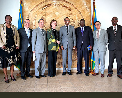 President Paul Kagame with the delegation of Great Lakes envoys after their meeting in Kigali.  Saturday Times/ Village Urugwiro. 