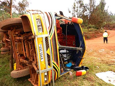 The bus  after the Tuesday morning accident.  The New Times/  Stephen Rwembeho. 