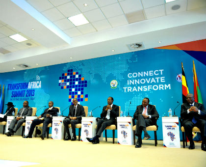 Presidents Salva Kiir Mayardit of South Sudan, Ali Bongo Ondimba of Gabon, Yoweri Museveni of Uganda, Paul Kagame, Blaise Compaoru00e9 of Burkina Faso, Uhuru Kenyatta of Kenya, and Ibrahim Boubacar Keu00efta of Mali during a panel discussion at the Transform Africa Summit in Kigali yesterday.