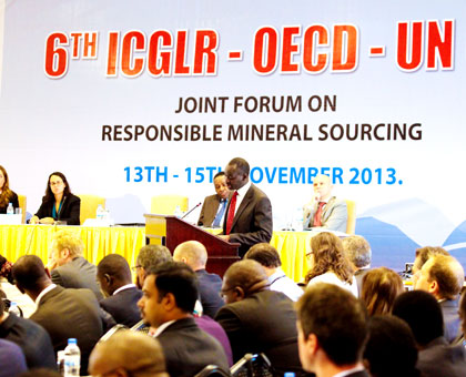 Minister Kamanzi addresses the forum on responsible mineral sourcing yesterday. The New Times/Timothy Kisambira