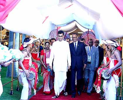 President Kagame is received by Patali Champika Ranawaka, the Sri Lankan minister for technology, research and atomic energy in Colombo, where he will attend Chogm 2013. The New Times/ Village Urugwiro.