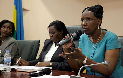 RDBu2019s Valentine Rugwabiza ( R) with parliamentarians Perrine Mukankusi (C) and Connie Bwiza at a press briefing yesterday. The New Times/ John Mbanda.