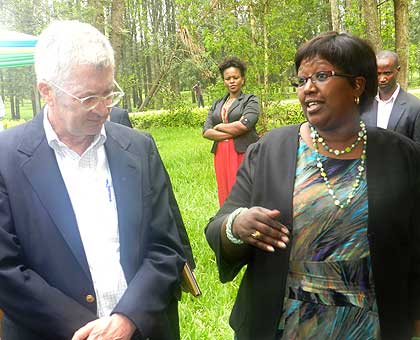 Ambassador Koran and Dr. Agnes Binagwaho chat in Nyagatare on Tuesday. The New Times/ S. Rwembeho.