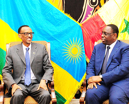 President Paul Kagame and his host Macky Sall in Dakar, Senegal, yesterday. The two leaders discussed bilateral issues and areas of mutual interests and cooperation. Kagame also invited Sall for a State visit to Rwanda. The New Times/Village Urugwiro