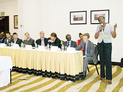 Agriculture minister Dr. Agnes Kalibata makes a presentation at the meeting. The meeting resolved to increase production by giving farmers improved seeds. The New Times/Courtesy