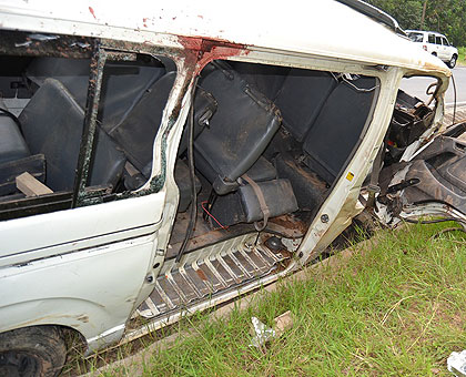 The wreckage of  the taxi that was involved in an accident, leaving three dead and eight injured in Gakenke.   The New Times/ Jean du2019Amour Mbonyinshuti.