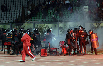 Riot police are seen during a football match riot at a stadium in Port Said of Egypt on Feb. 1, 2012. . Xinhua  photo.