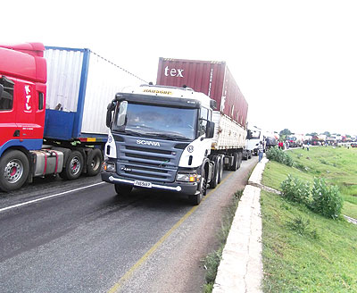 Trucks lined up at the Gatuna border recently. The truck drivers cited delays in processing documentation  as a challenge hindering free trade. File.