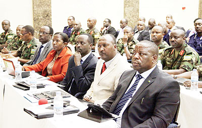 Governors with Senior Army and Police officers at the security meeting yesterday.  John Mbanda. 