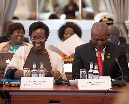 The First Lady, Jeannette Kagame and Ghanian President John Dramani Mahama on the first day of the Unaids, Lancet Commissioners meeting in London on Thursday. Courtesy photo.