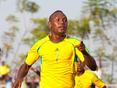 Striker Rodrigues Murengezi celebrates after putting AS Kigali ahead during yesterdayu2019s game against Al-Ahly Shendi at Stade de Kigali. Timothy Kisambira