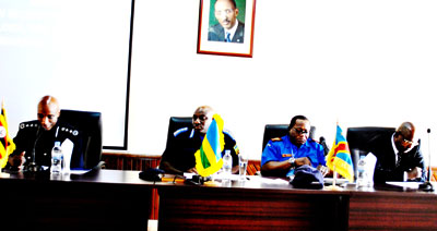 From L-R: Gen. Kayihura, Gasana, Ngashi and Ndayambaje during the meeting at Police headquarters in Kacyiru yesterday. Courtesy.