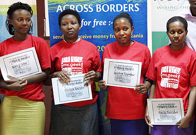 The Geeks.  L-R: Nancy Sibo the overall winner, Christine Bayizere, Josephine Tujyimbere and Chantal Mukundwa at the recognition event on Saturday.  John Mbanda.