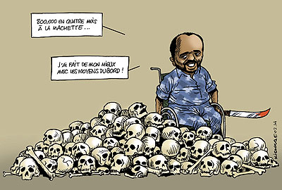 A cartoon depicting Pascal Simbikangwa bragging about his crimes.