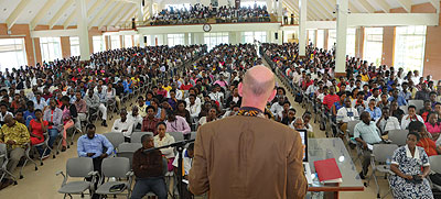 Andreas addresses students at the launch of the drive at AUCA yesterday.  The New Times / Courtesy