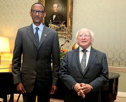 President Paul Kagame meets the President of Ireland Michael Higgins on the first day of his visit to the country. (Village Urugwiro)