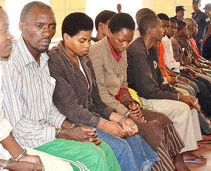 Some of the suspects before the court in Musanze District yesterday. (Jean du2019Amour Mbonyinshuti)