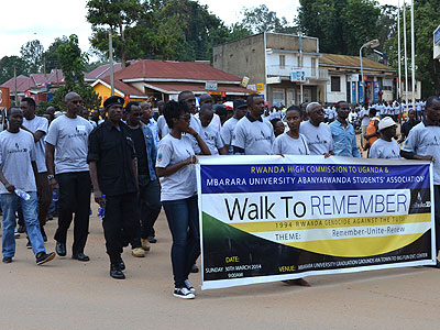 Rwandans march during the Walk to Remember in the western District of Mbarara yesterday. (Gashegu Muramira)