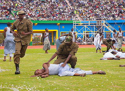 Young actors perform the u2018Shadows of Memoryu2019 a skit depicting the 1994 Genocide against the Tutsi and how the RPF liberators stopped the killings. File