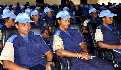 The female officers who returned from peacekeeping mission in Darfur, during a debriefing at the RNP headquarters in Kacyiru. Timothy Kisambira. 