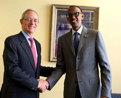 MIT President Rafael Reif welcomes President Kagame to the varsity in Boston, US, yesterday. Village Urugwiro.