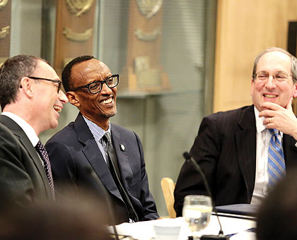 President Kagame shares a light moment with the top brass of Brandeis University, Boston in the United States yesterday. (Village Urugwiro)