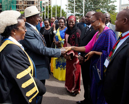 Ugandan President Yoweri Museveni is welcomed by EALA members at Parliament last year. File.