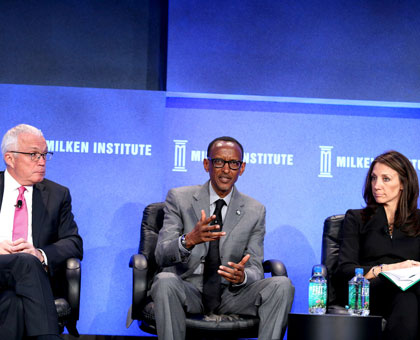 President Kagame with Jay Ireland, President and CEO of General Electric Africa, and moderator Mindy Silverstein, during the panel on accessing global capital at the Milken Institute Global Conference. (Village Urugwiro)