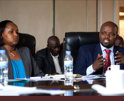 ICT and Youth minister Jean Philbert Nsengimana (R) with Permanent Secretary Rosemary  Mbabazi, appearing  before the Committee on Thursday. Timothy Kisambira. 